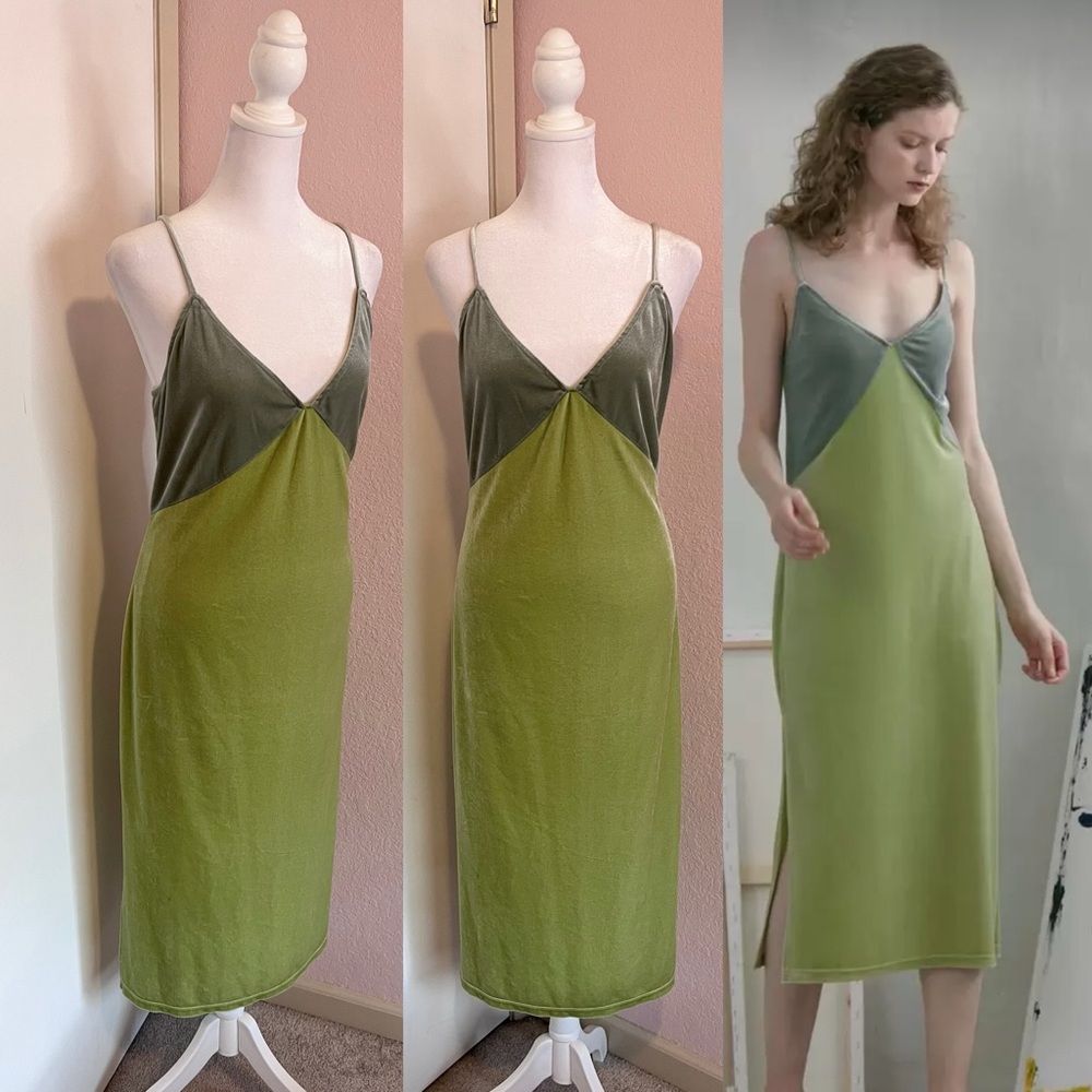 Green Velvet Color Block Slip Dress